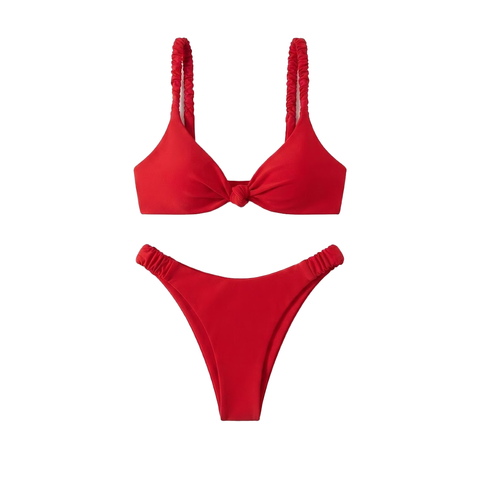 Червоний купальник бікіні з драпіруванням та вузлом &ldquo;Soft Red&rdquo; 213 фото
