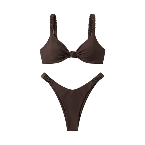Шоколадий купальник бікіні з драпіруванням та вузлом &ldquo;Soft Brown&rdquo; 214 фото